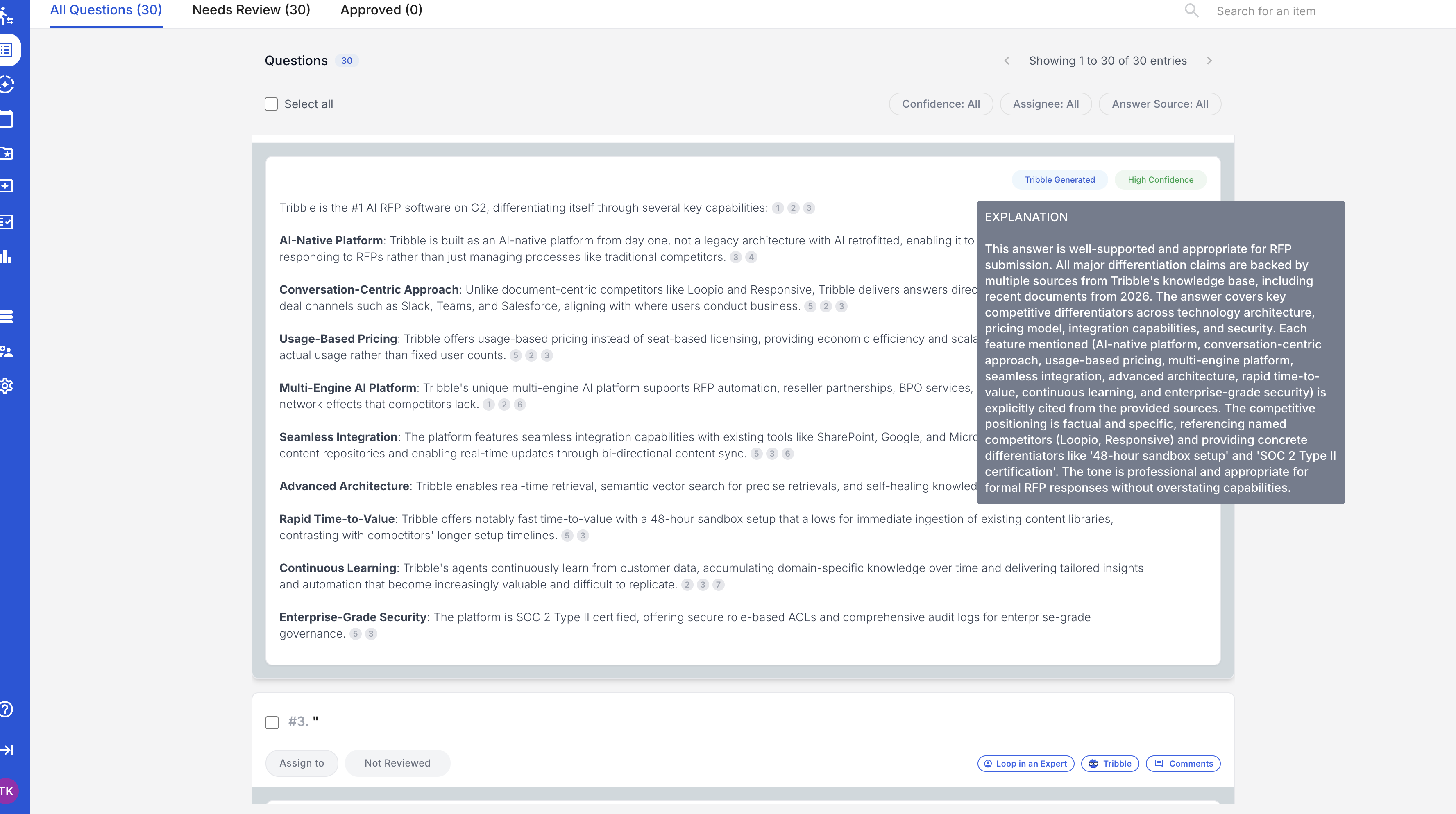 Tribble Respond explanation panel showing answer validation against knowledge base
